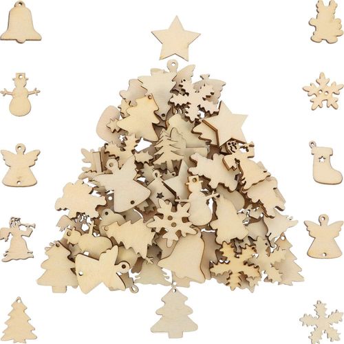 150 Pieces Wooden Ornaments Mini Christmas Theme Natural Wood Slices Decorative Wooden Cutout Slices for Christmas Tree Ornaments Hanging DIY Craft Xmas Decorations