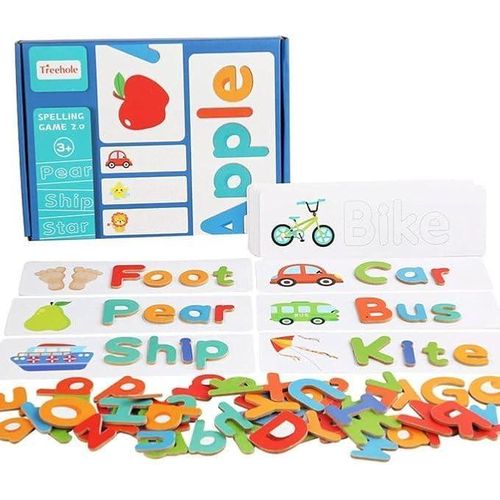 Wooden Puzzle Spelling English Words with Cards and Letters, Educational Puzzle for Kids Ages 3+