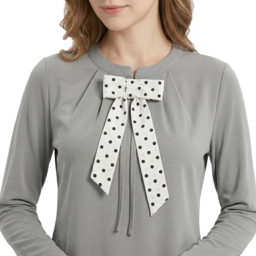 Women's Solid Crepe Blouse With Polka Dotted Removable Bow - Grey