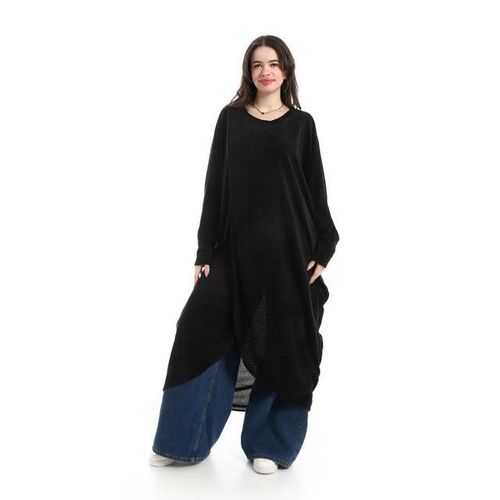 Long Mallorca Fabric Poncho - Black