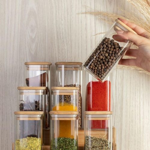 Clear Glass Spice Jars Set with Wooden Lid - Airtight Seal to Keep Ingredients Fresh and Elegant - Set of 2