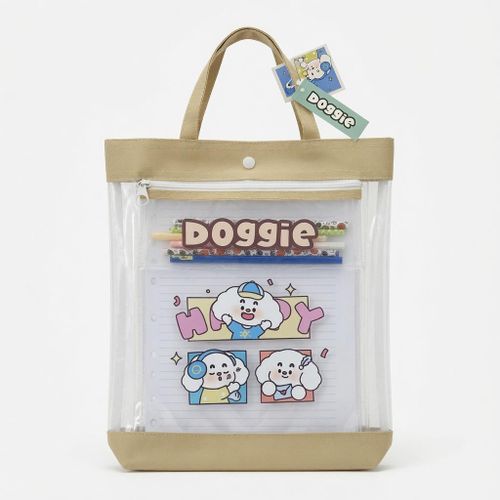 Doggie Transparent A4 Document Organizer Bag and Pencil Case with Handles – Waterproof File Folder, Zipper & Snap Closure, School and Office Storage