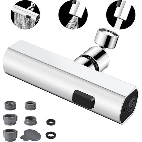 Kitchen Tap Spray Head - 4 Function Mixer With 5 Adapter, 360° Swirl Faucet Extender for Kitchen Bathroom, Silver