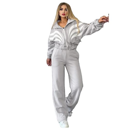 Women's Cotton Tracksuit Set – 2-Piece Zip-Up – Grey & White