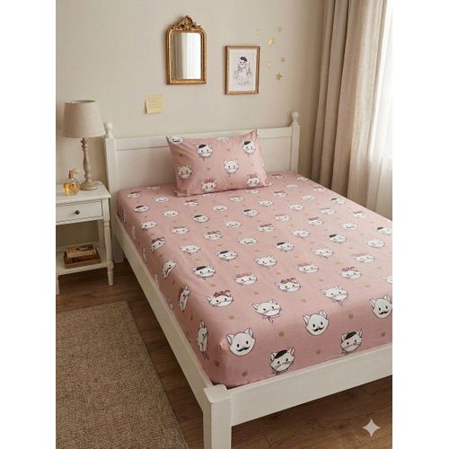 Yarlin-Cotton 100% Bed Set (Fitted Bedsheet for 120 cm beds and 1 Small Pillowcase (Ketties 2) Design