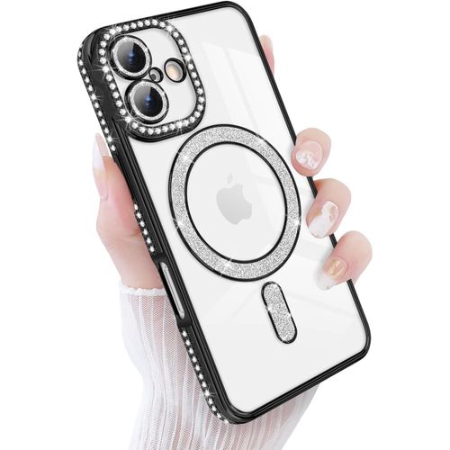 iPhone 16 Case, Glitter Sparkling Diamonds Mobile Phone Case Compatible with MagSafe Luxury Bling Flexible TPU Glitter 6.1 Inch Protective Case Drop Protection Shockproof Black