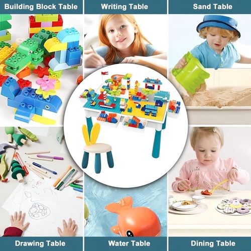 Multi-Functional Kids Building Blocks Activity Table & Chair Set – 72 Pcs Blocks, Double-Sided Desktop, Bunny-Ear Stool, Storage Bins, Study Dining Play Desk for Toddlers Ages 3+ (38x25.5x28.5cm Table) (Shape & Color May Vary)