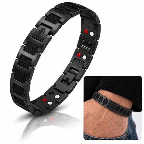 Luxury Men's Magnetic Therapy Bracelet - Black Stainless Steel Link Bracelet with Carbon Fiber Inlay & Multi-Element Therapy Magnets - Adjustable Size Premium Jewelry Gift for Men
