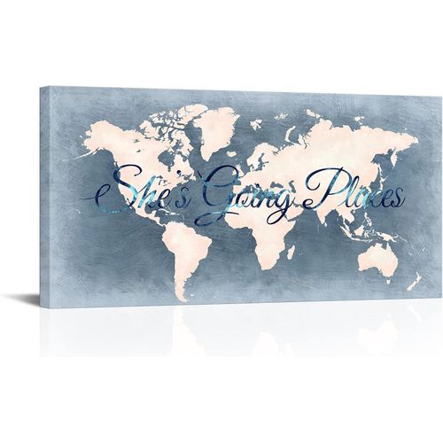 SaypeacherBlue and Pink World Map Canvas Wall Art Shes Going Places Motivational Canvas Art Print Framed Ready to Hang Modern Artwork for Living Room Gift for Girl Women 20x40