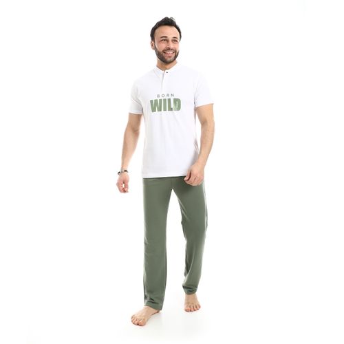 Short Sleeve Solid Pattern Pajama Set - White Green