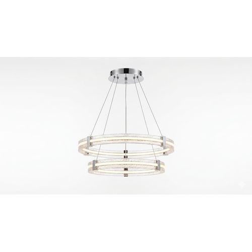 Modern 2-Tier Ring LED Pendant Chandelier – Rock-Ice Crystal Glass with Chrome Silver Finish & Remote Control
