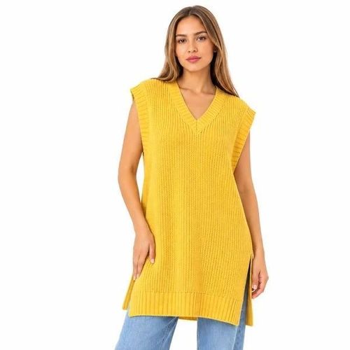 Women's Longline Knit Vest, V-Neck Sleeveless Tunic in Lilac-6023- Yellow