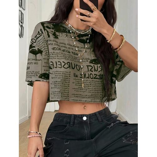 Newspaper Print Round Neck Casual Mesh Short Sleeve Top Newspaper Print Crop Top.
