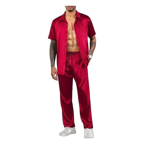 Men's Satin 2 Piece Set - Short Sleeve Button Down Shirt and Drawstring Pants Lounge Set - Burgundy