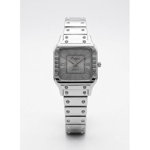 Elegant Women's Silver Quartz Watch with Crystal-Studded Bracelet. Silver Color