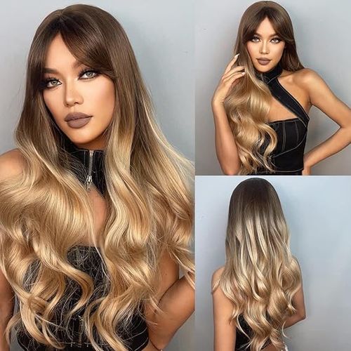 Long Curly Synthetic Hair Wig - Brown and Blonde