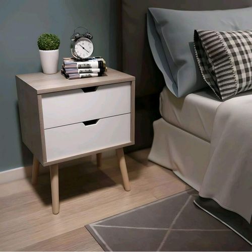 Modern Commode with 2 Drawers, White and Grey, Wooden Legs, Nightstand for Bedroom