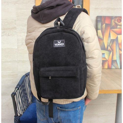 Simple Solid Multi Pocket Corduroy Backpack for Men & Women VN550 - Black