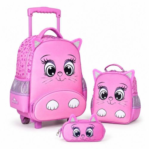 Glossy Bird - Pink Cute Cat Trolley School Backpack Set with Lunch Bag and Pencil Case 17 Inch - GB5211T