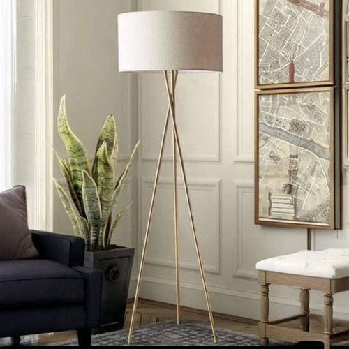 Beige Tripod Metal Floor Lamp - Premium White Fabric Shade - Elegant Design