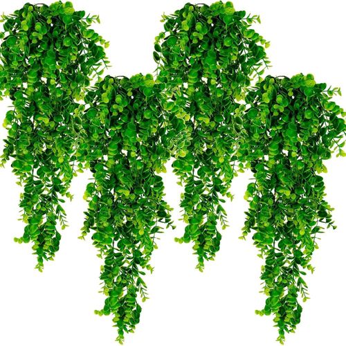 4 Pcs Hanging Plant Artificial Plants Fake Plants Indoor Decorative Faux Greenery Plants Plastic Fern Greenery Artificial Hanging Plants for Indoor Outdoor Decor(4 Pcs Eucalyptus Plants)