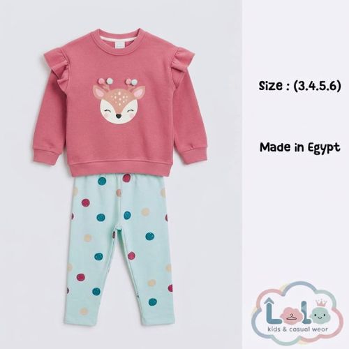 Girls Winter 2-Piece Outfit - Fleece-Lined Cotton Melton Sweatshirt & Pants
