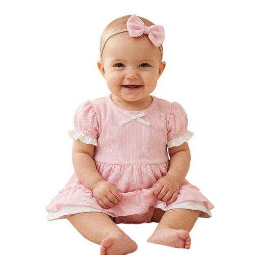 Girls' wide half-com dress with headband, one to two years old
