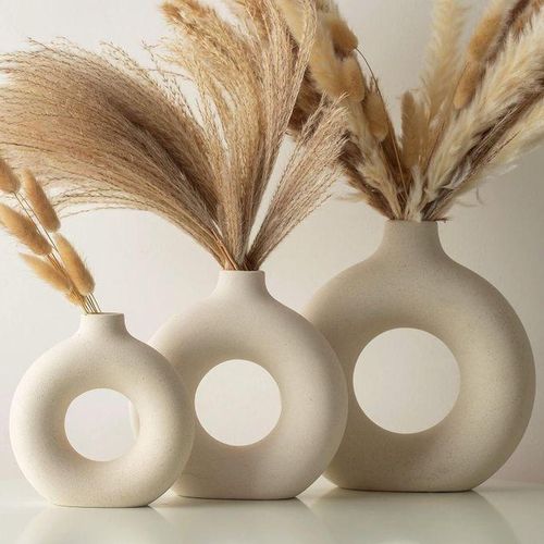Ceramic Vases for Home Decor, Set of 3 - Modern White Round Vase for Artificial Pampas Grass Flowers, Boho Decor for Living Room, Dining Table, Bedroom, Farmhouse Shelf