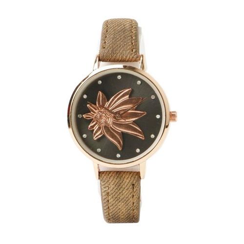 Women’s Brown Leather Strap Watch with Textured Black Dial, Gold-Tone Numerals, Gold-Tone Case and Quartz Movement