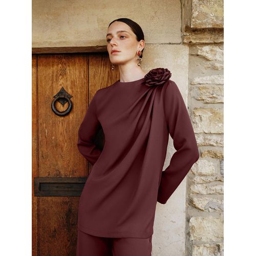 Crew Neck Ruched Crepe Blouse
