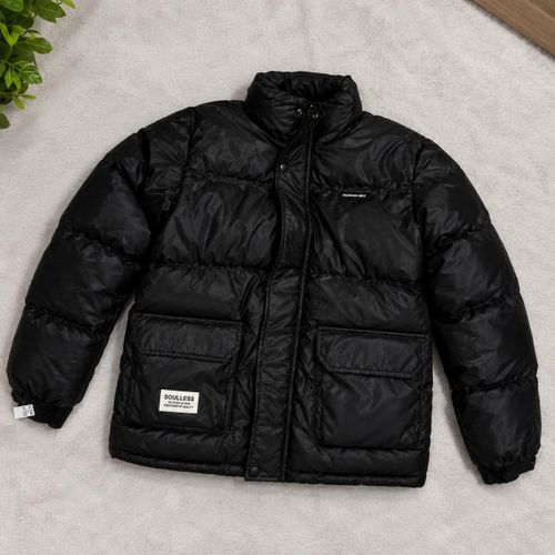 Men's Winter Puffer Jacket with High Collar & Front Pockets - Black