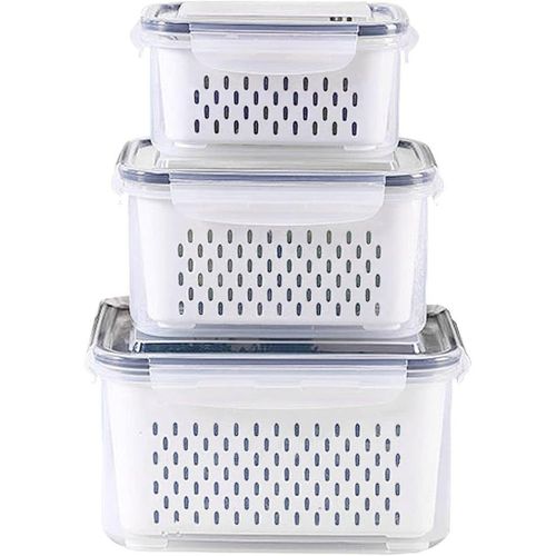 KITCHENOO Refrigerator Food Storage Container Set with Lids and Plastic Colander for Preserving Fresh Produce, Vegetables, Fruits, and Meat, BPA-Free Plastic Containers
