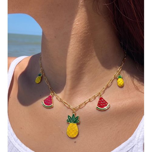 Gold-Tone Chain Necklace with Colorful Summer Fruit Charms (Pineapple & Watermelon)