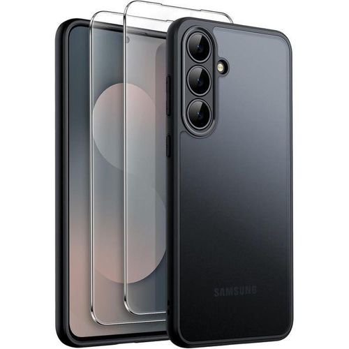 3 in 1 Matte Case for Samsung Galaxy S25 FE with 2-Pack Tempered Glass Screen Protector, Translucent Frosted Shockproof Phone Cover with Camera Protection (Black)