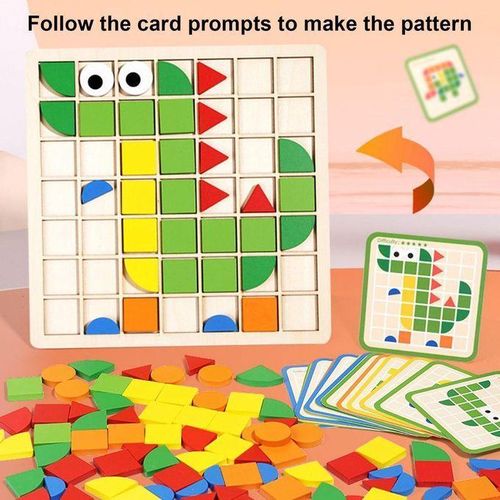 120 Pcs Wooden Montessori Pattern Blocks Puzzle Set – Grid Board & Challenge Cards – Colorful Geometric Shapes – Safe Non-Toxic Natural Wood – Promotes STEM Skills – Perfect Educational Gift for Kids, Toddlers & Preschool Learning