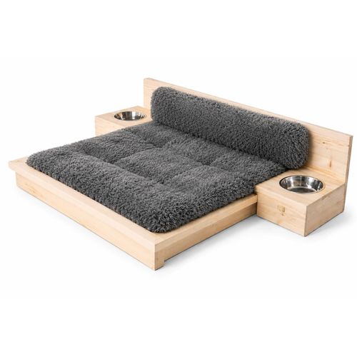 Wooden Pet Bed with Soft Cushion and Two Built-In Food & Water Bowl Holders