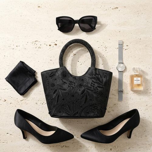 Satin Embroidered Evening Handbag with Rhinestone Handle Black
