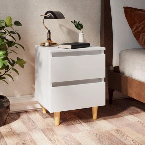 Bedside Table with Legs in Solid White Pine Wood, 40 x 35 x 50 cm, Bedroom Furniture Two Drawers Sturdy Shelf for Displaying Decorative Objects Photos and Potted Plants Books