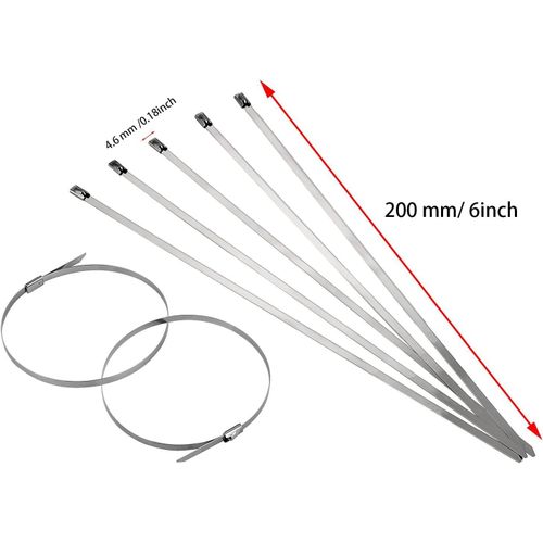 Stainless Steel Cable Ties Metal Self-Locking Cable Zip Ties 100PCS 4.6 * 200mm Heavy Duty Exhaust Wrap Locking Ties Ball Lock Band Zip Ties for Home Office Garage Workshop Electrical