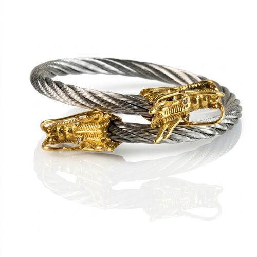 Two-Tone Double Dragon Head Stainless Steel Wire Wrap Bracelet for Men
