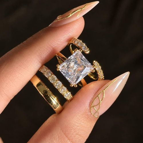 Trendy 4-Piece Stackable Square Gem Ring Set - 316-Grade Stainless Steel (Adjustable Free-Size Non-Tarnish & Waterproof Jewelry)