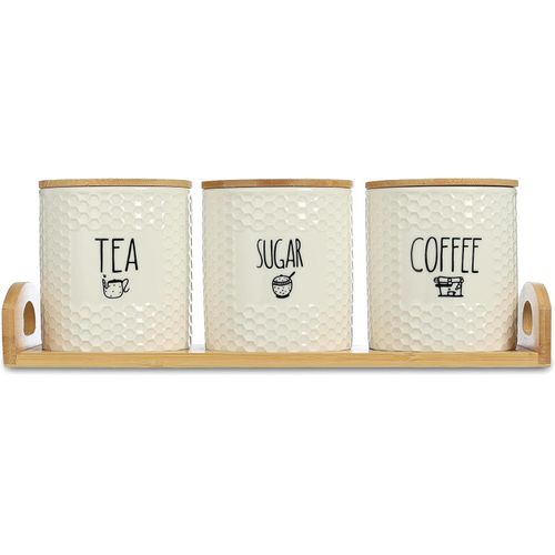 Storage set, 3 Pcs with Wooden Stand with Handle, Honeycomb Modern Design, Porecelain, White