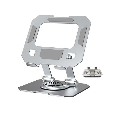 حامل تابلت سطح المكتب قاعدة دوارة 360 درجة حامل معدني قابل للطي مع ثبات عالي وتحمل قوي للحمل متوافق مع أجهزة iPad والتابلت والهواتف المحمولة وقارئ الكتب الإلكترونية - فضي