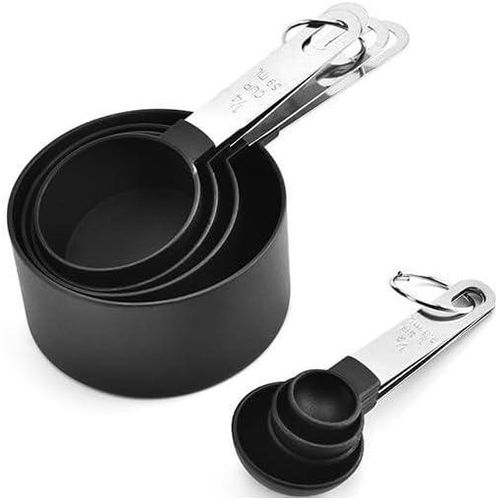 Measuring Cups and Spoons Set, 8 Pcs Stackable with Stainless Steel Handle, BPA Free, for Dry and Liquid Ingredients, Easy to Clean and Store for Baking (Black)