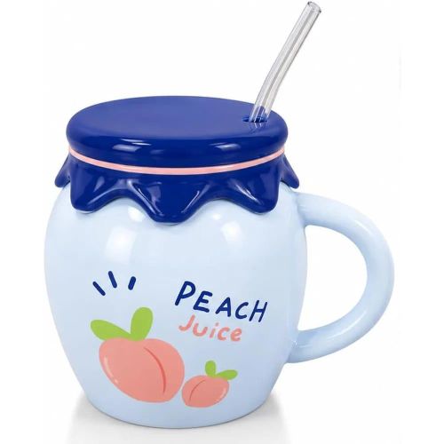 Unique Porcelain Mug with Lid Glass Straw Leak-Resistant Lid, Comfortable Handle, Perfect for Hot Cold Beverages