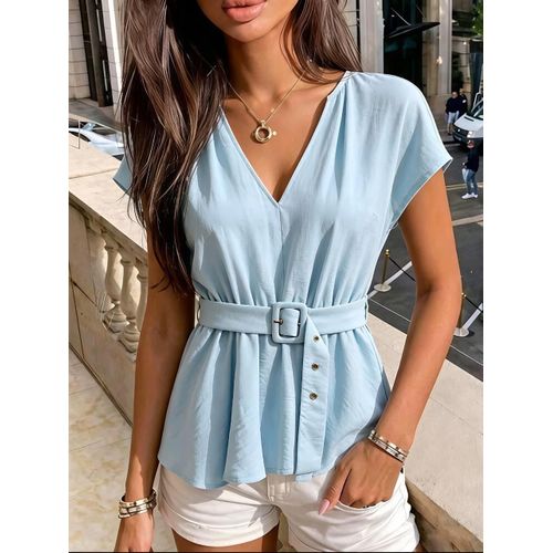 Women's Summer Solid Color V-Neck Cinched Waist Blouse Blouse With Belt Blouses For Women New Elegant Casual