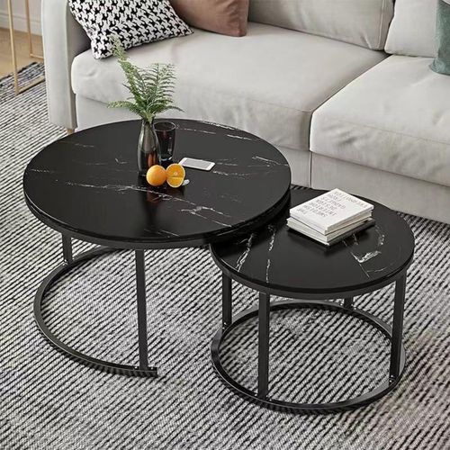 Round Nesting Coffee Table Set of 2 End Tables for Living Room, Faux Marble Coffee Table Wooden Accent Furniture with Metal Frame, Center Table for Home Office, Easy Assembly (Black)
