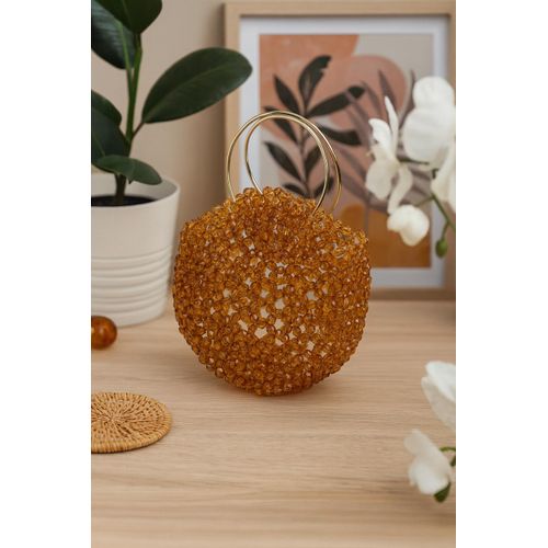 حقيبة يد خرز يدوية الصنع، خرز كريستال أكريليك، مقبض دائري بلمسة ذهبية