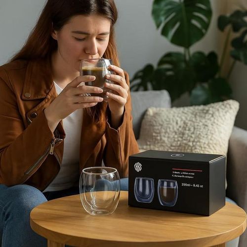 كوب زجاجي مزدوج الجدار - قطعتان