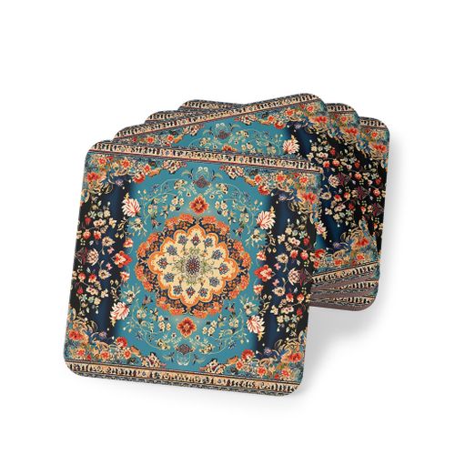 Four Pieces Ramadan Persian Pattern Wooden Coasters, Wooden Coaster Set – Persian Rug Design, Elegant & Durable Drink Coasters for Home & Office - Set of 4 - Coaster